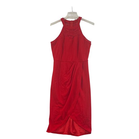 Red Lace Halter Midi Dress BBonfinedress Ruched Tulip Hem Cocktail Womens M NWOT - Picture 4 of 8